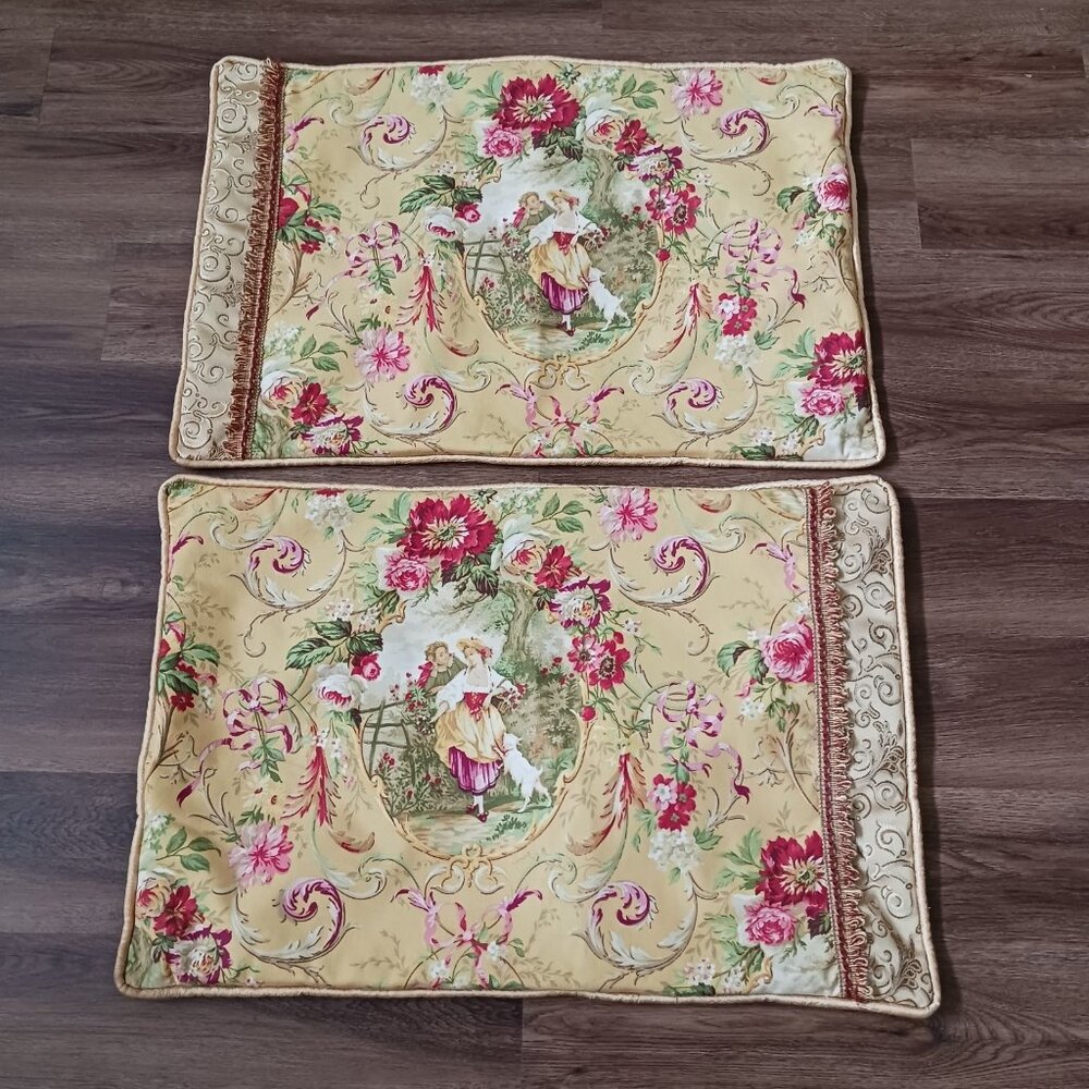 2 Victorian Floral Couple Dog Tree Pillow Shams 30 x 20.5 Cottagecore